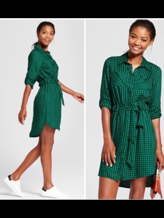 a new day Dresses & Skirts - a new day Green Gingham Tie-Waist Shirt Dress - Large